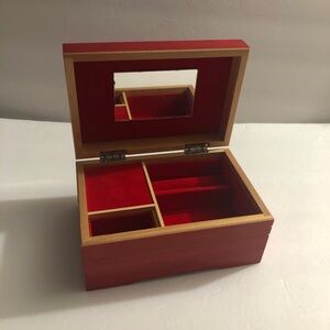 Vintage Red Wooden Jewelry Music Box with Mirror